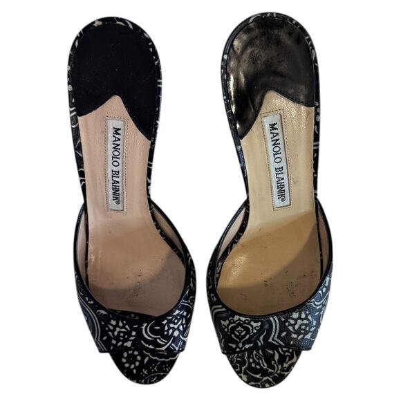 Vintage Manolo Blahnik Black & White Floral Open Toe Mule Heels Size 37 - Picture 5 of 14